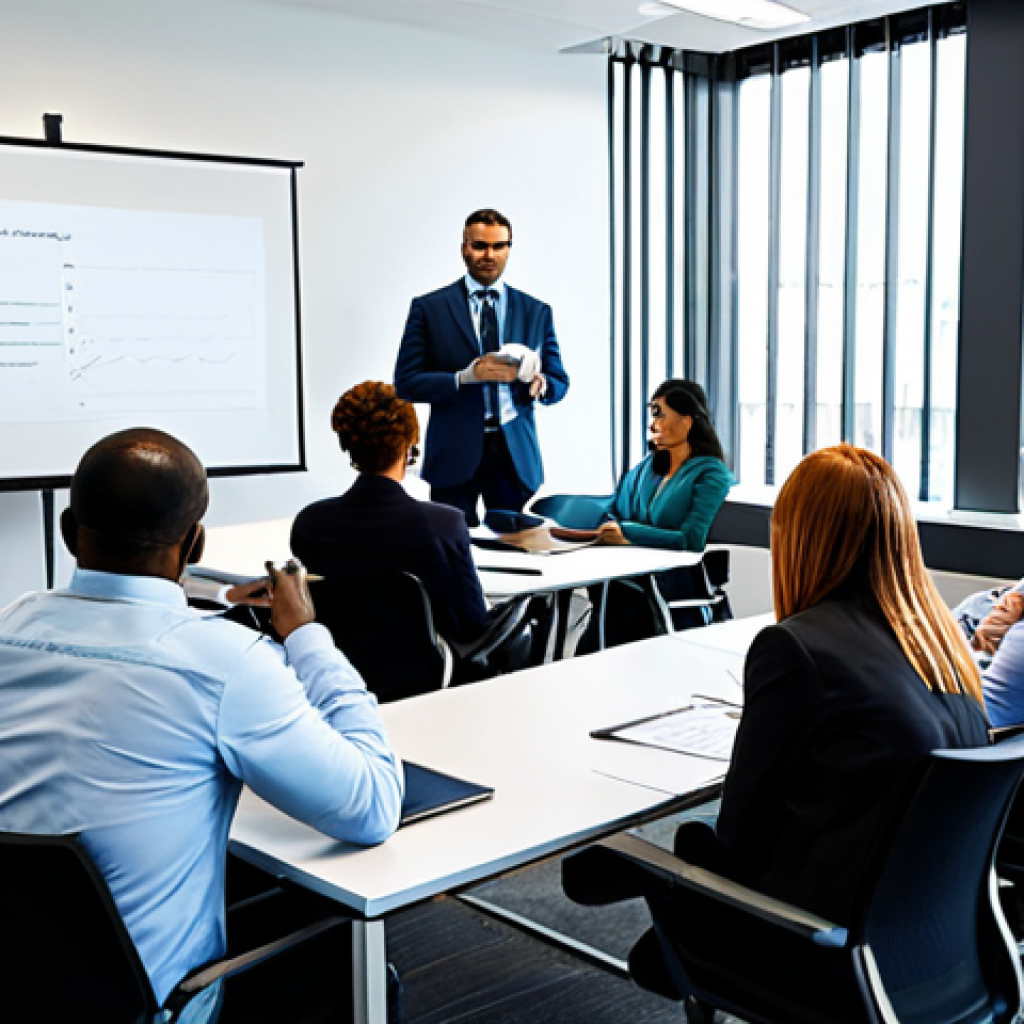**

A diverse group of professionals attending a career counseling workshop in a modern office setting. The instructor is giving a presentation on future job trends and the use of technology in career development. Participants are engaged and taking notes. Fully clothed, appropriate attire, professional environment, safe for work, perfect anatomy, correct proportions, family-friendly.

**