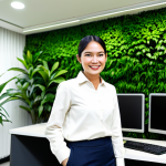 ** A friendly and approachable Thai career counselor, fully clothed in professional attire (perhaps a smart casual outfit suitable for a modern Thai office), smiling warmly in a bright and welcoming co-working space in Bangkok. The background features motivational posters in Thai and lush green plants. Safe for work, appropriate content, perfect anatomy, natural proportions, modest, family-friendly.

**