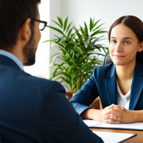 Home 18 **
A friendly career counselor in a bright, modern office, listening intently to a young job seeker. Warm lighting, comfortable seating, potted plants. Focus on creating a sense of trust and empathy.
**